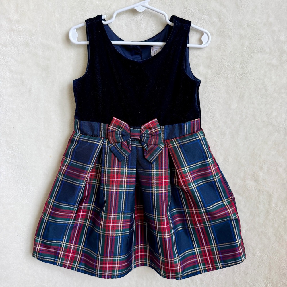 The Children's Place Navy Tartan Plaid Velvet Dress Girls Size 4T Holiday Bow